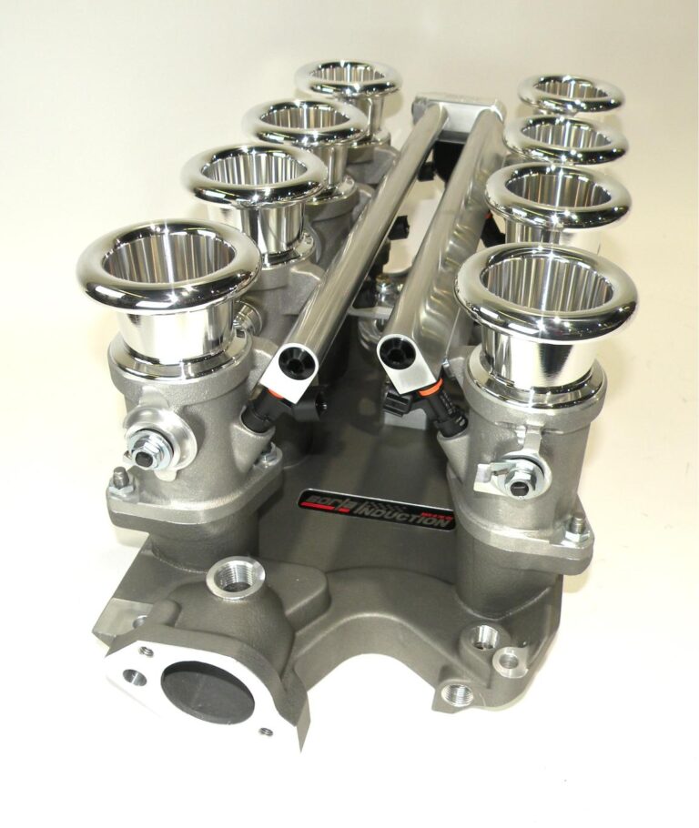 Borla Induction 8-stack individual throttle body EFI system with polished fuel rails and injectors on cast aluminium V8 intake manifold